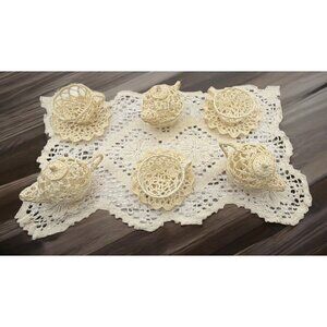 Handmade Crochet 3 Teapots and 3 Tea Cups with Saucers and Doily Set Starched